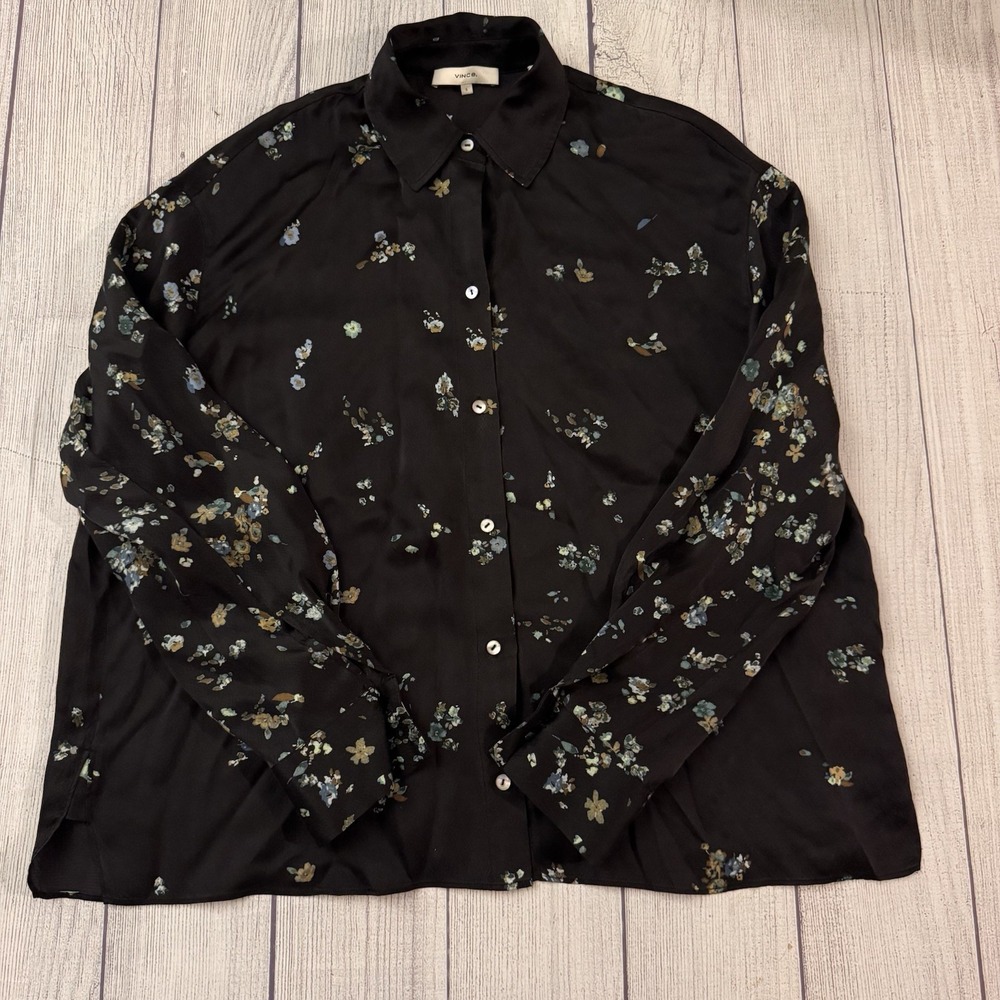 Vince. Floral Black 100% Silk Chiffon Collared Long Sleeve Button-Down Blouse S